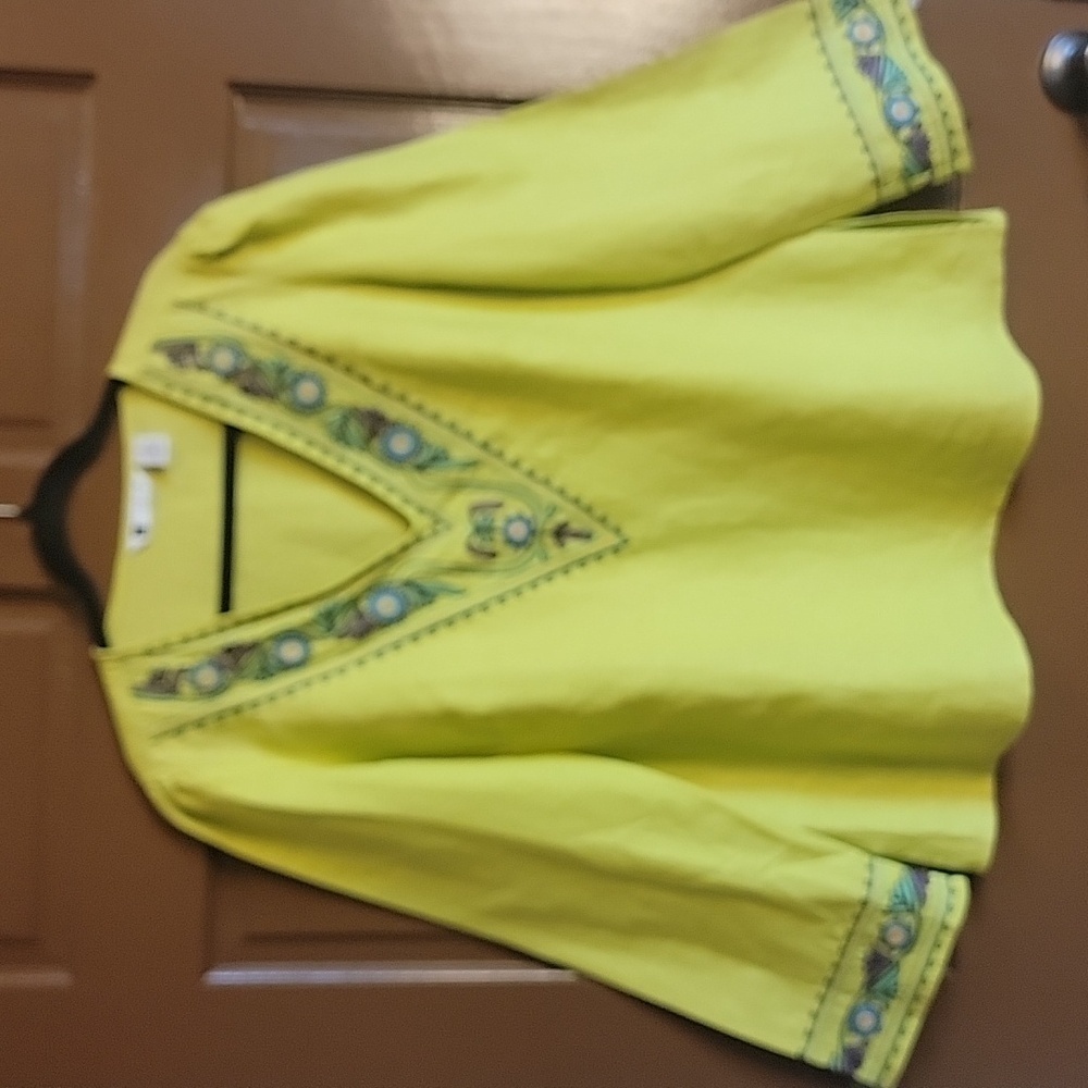 Carole Little- Linen Lime Green V neck top with print along V Size XL. NWOT.